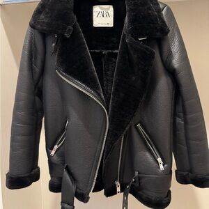 Zara Women's Black Leather Shearling Jacket